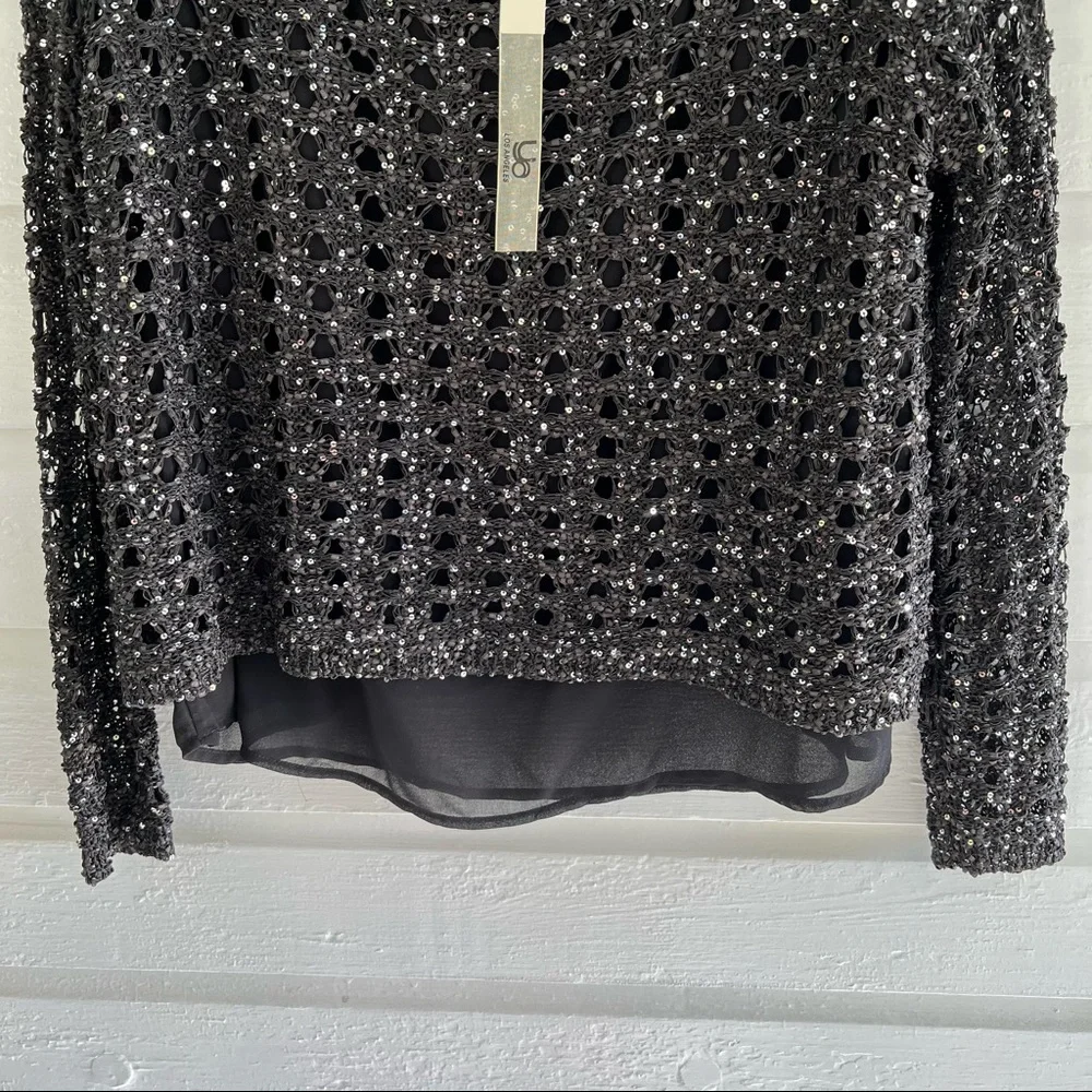 NWT Black Sequin Knit & Chiffon Lightweight Sweater Top - Holiday Style - Picture 4 of 11
